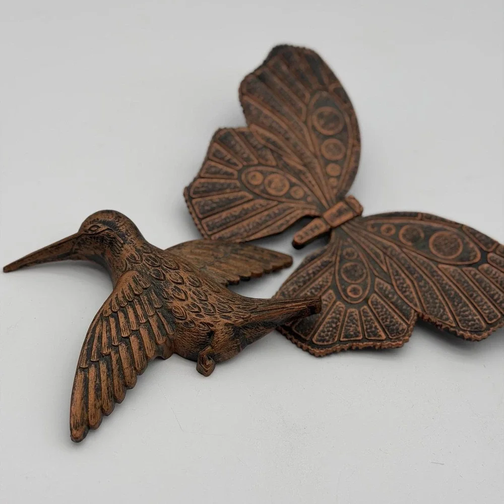 Vintage Dart Ind Mid Century Copper Tone Hummingbird and Butterfly Wall Deco Set